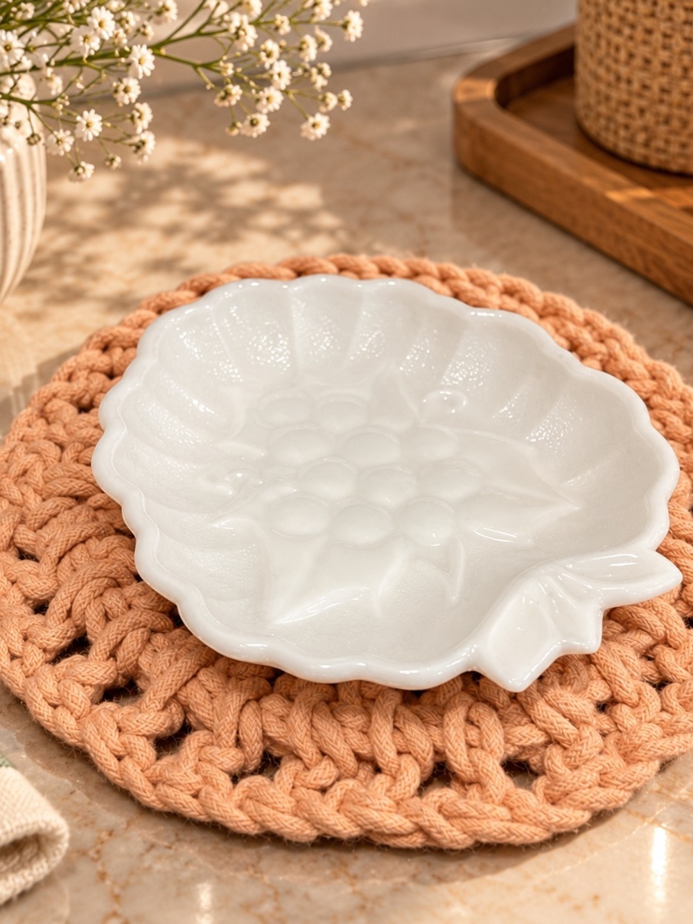 Vintage Milk Glass Dish – Grape Motif – Leaf Shape